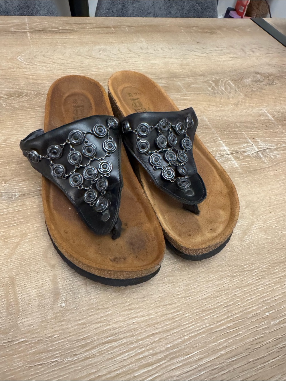 Naot Black Beaded Leather Toe-Post Sandals